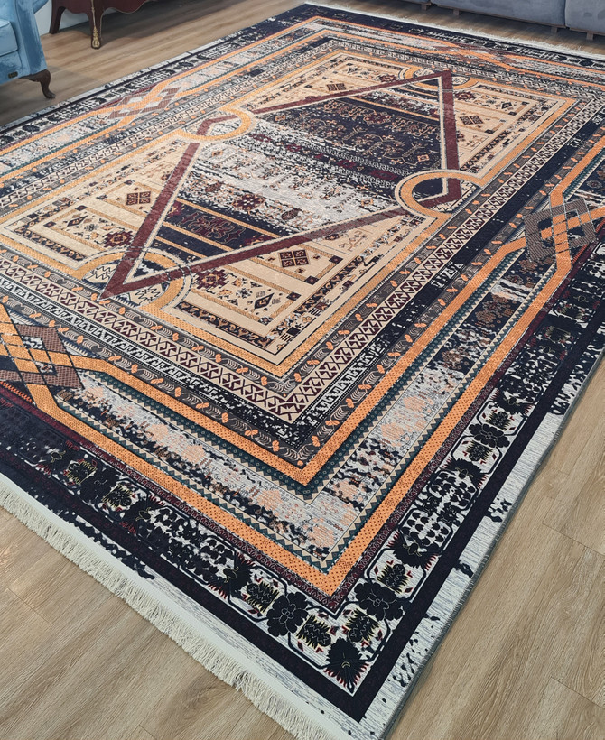 فرشینه سنتی طرح ترنج لوزی رنگ سرمهای، کرم و نارنجی-خردلی،کد L 584