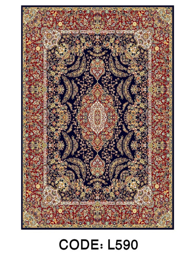 ست فرشینه پله و پاگرد کلاسیک طرح ترنجدار رنگ سرمهای، قرمز لاکی و کرم، کد L 590