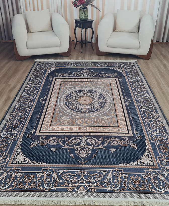 فرشینه کلاسیک طرح ترنجدار زغالی سرمه ای و کرم کد L 574