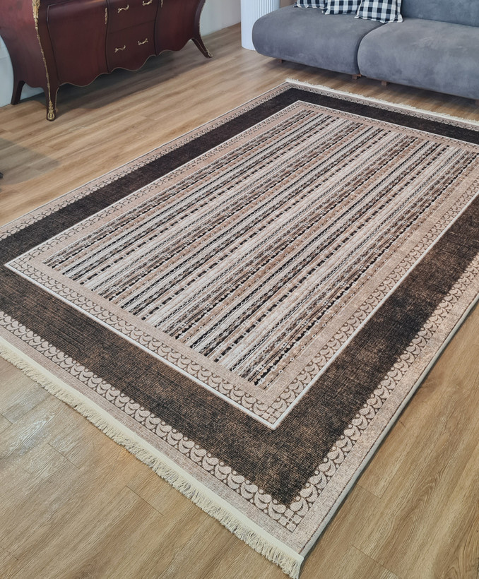 فرشینه مدرن طرح راهراه شکلاتی و کرم کد H 428– قابل شستشو و ضد سُر