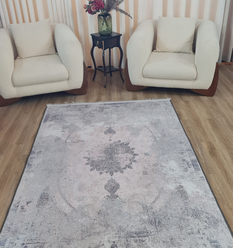 فرشینه وینتیج طرح ترنج طوسی کرم کد L 631