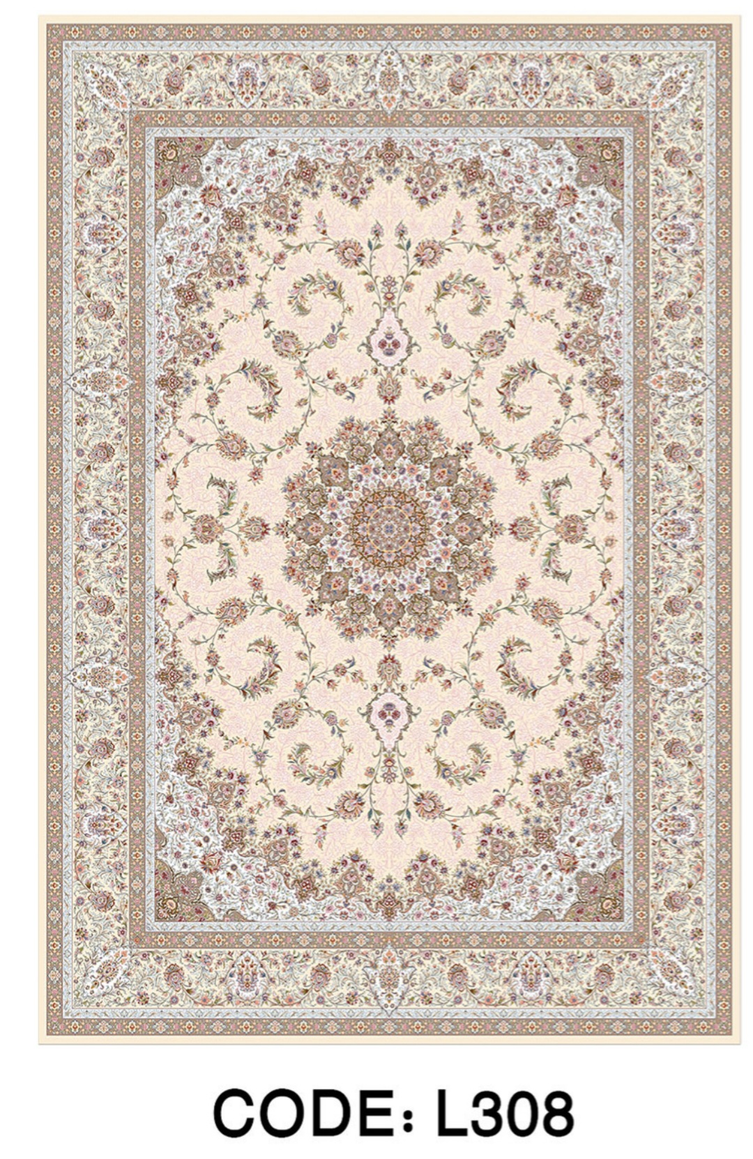 فرشینه طرح کلاسیک گل‌افشان کرم‌ و خاکی کد L 308