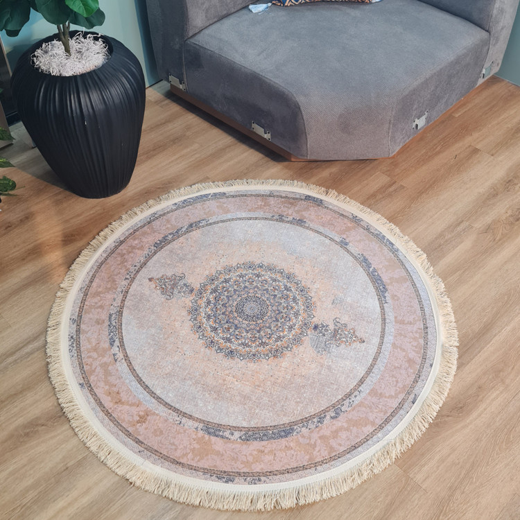 فرشینه گرد طرح ترنج رنگ کالباسی و طوسی کد D 222