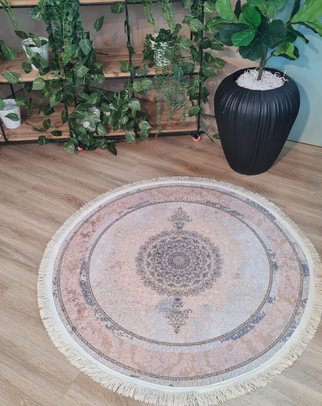فرشینه گرد طرح ترنج رنگ کالباسی و طوسی کد D 222