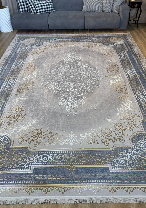 فرشینه طرح ترنجدار زمینه طوسی طلایی و آبی کد L 314