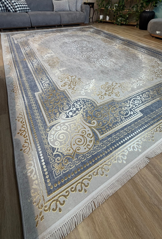 فرشینه طرح ترنجدار زمینه طوسی طلایی و آبی کد L 314