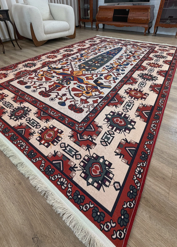 فرشینه طرح قشقایی سرو و پرنده (زرشکی سرمهای)، کد U 103