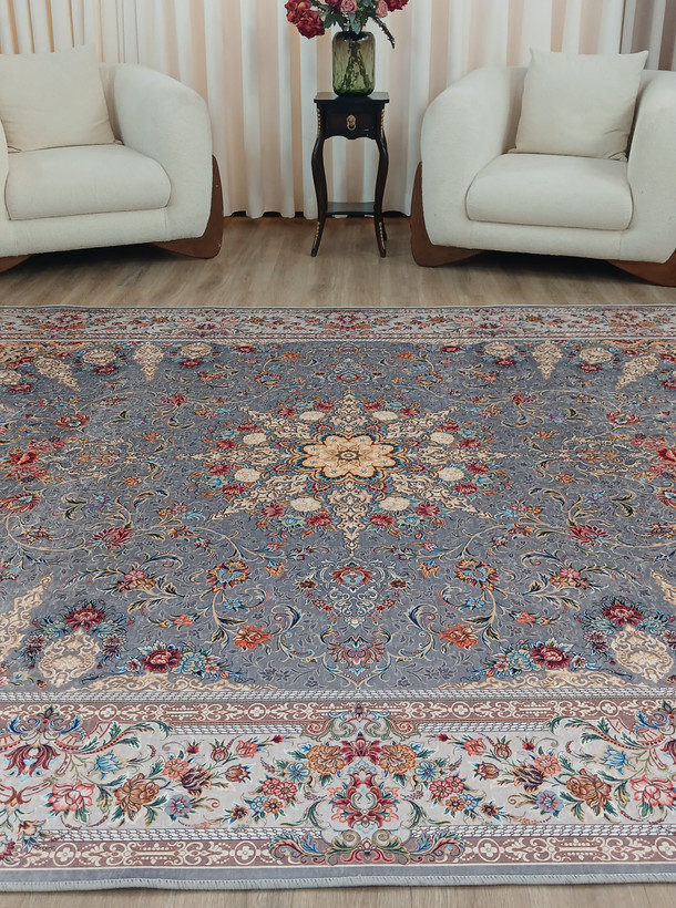 فرشینه طرح افشان طوسی خاکی و گلدار کد L 652