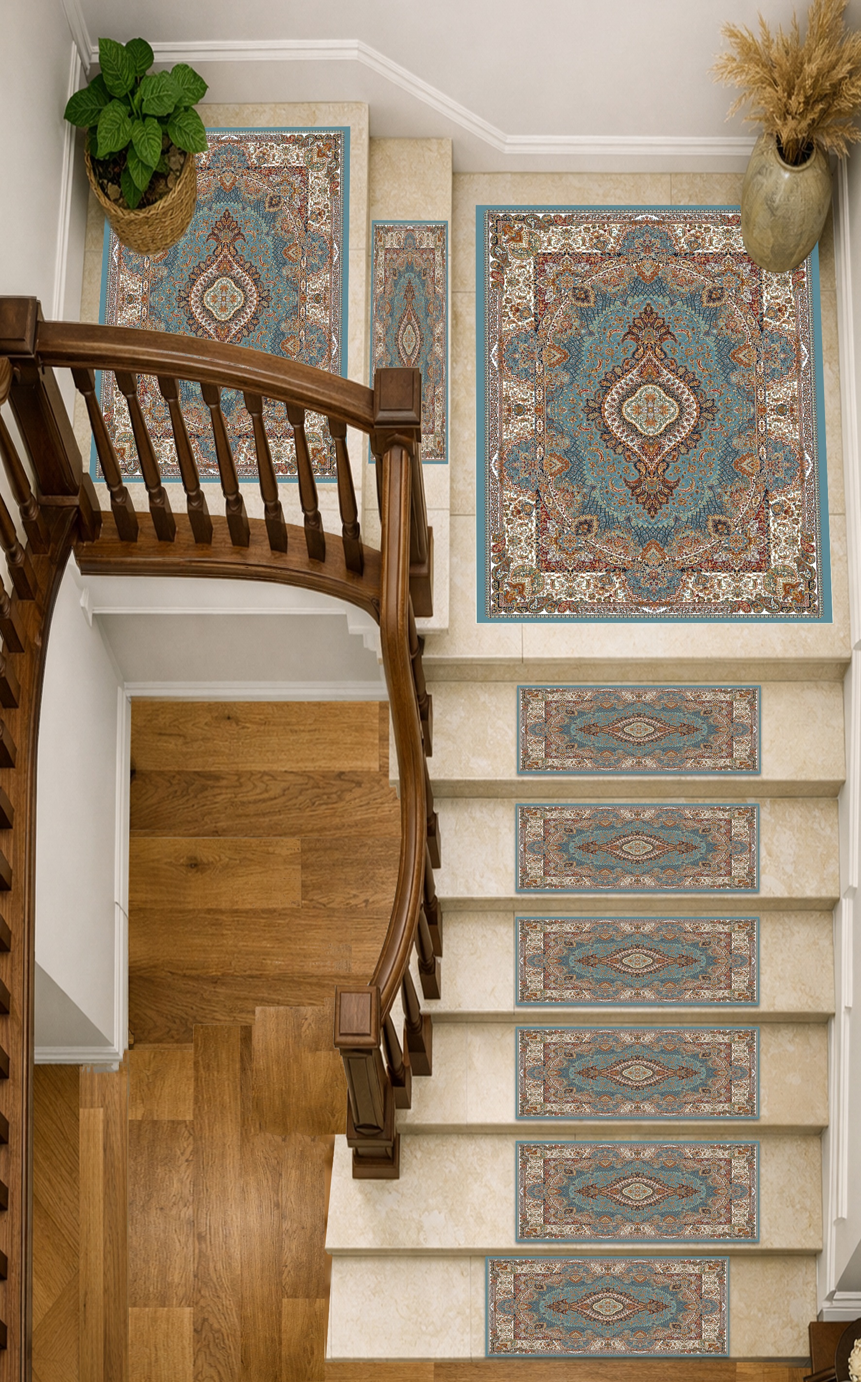 ست فرش روپله‌ ای و پاگرد سنتی رنگ آبی فیروزه‌ای،کد U 486