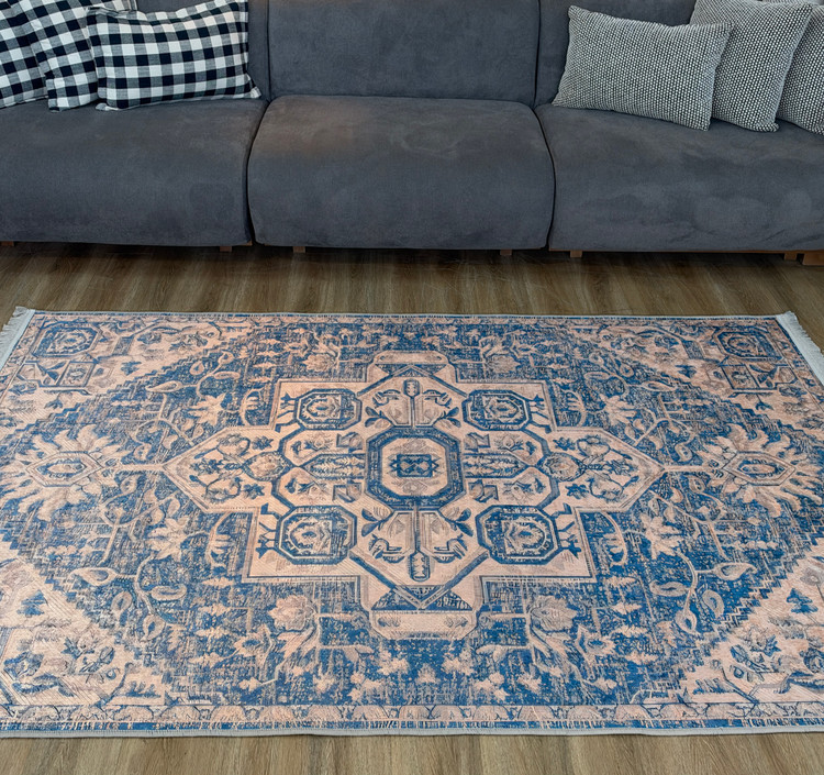 ست فرشینه و پادری طرح سنتی ترنجدار آبی کرم کد U 176