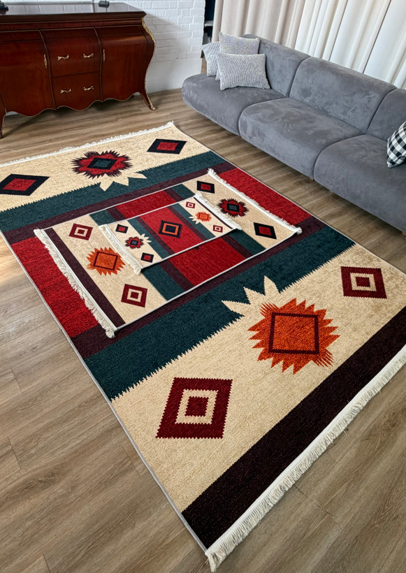 فرشینه طرح سنتی عشایری و گلیمی کد L 2593